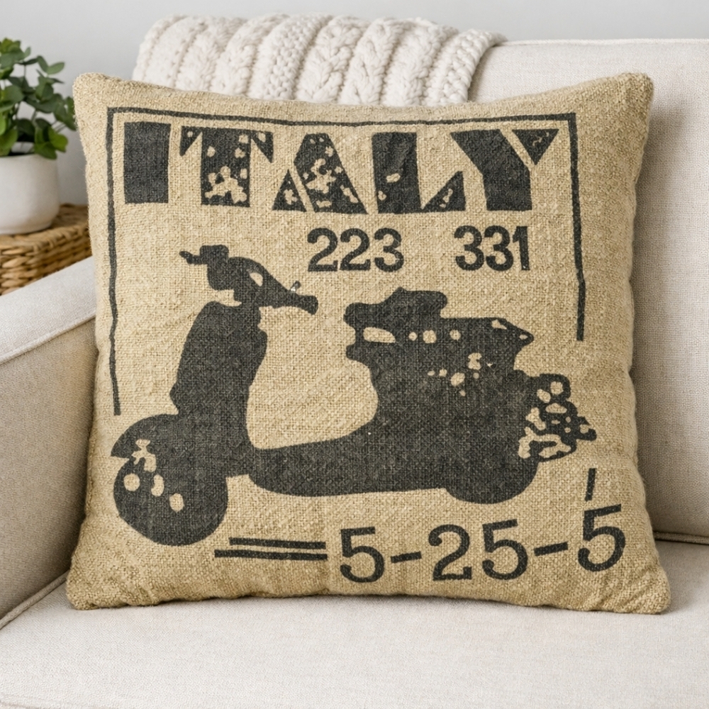 Rustic Vintage Tan and Black Italy Print Pillow Cover